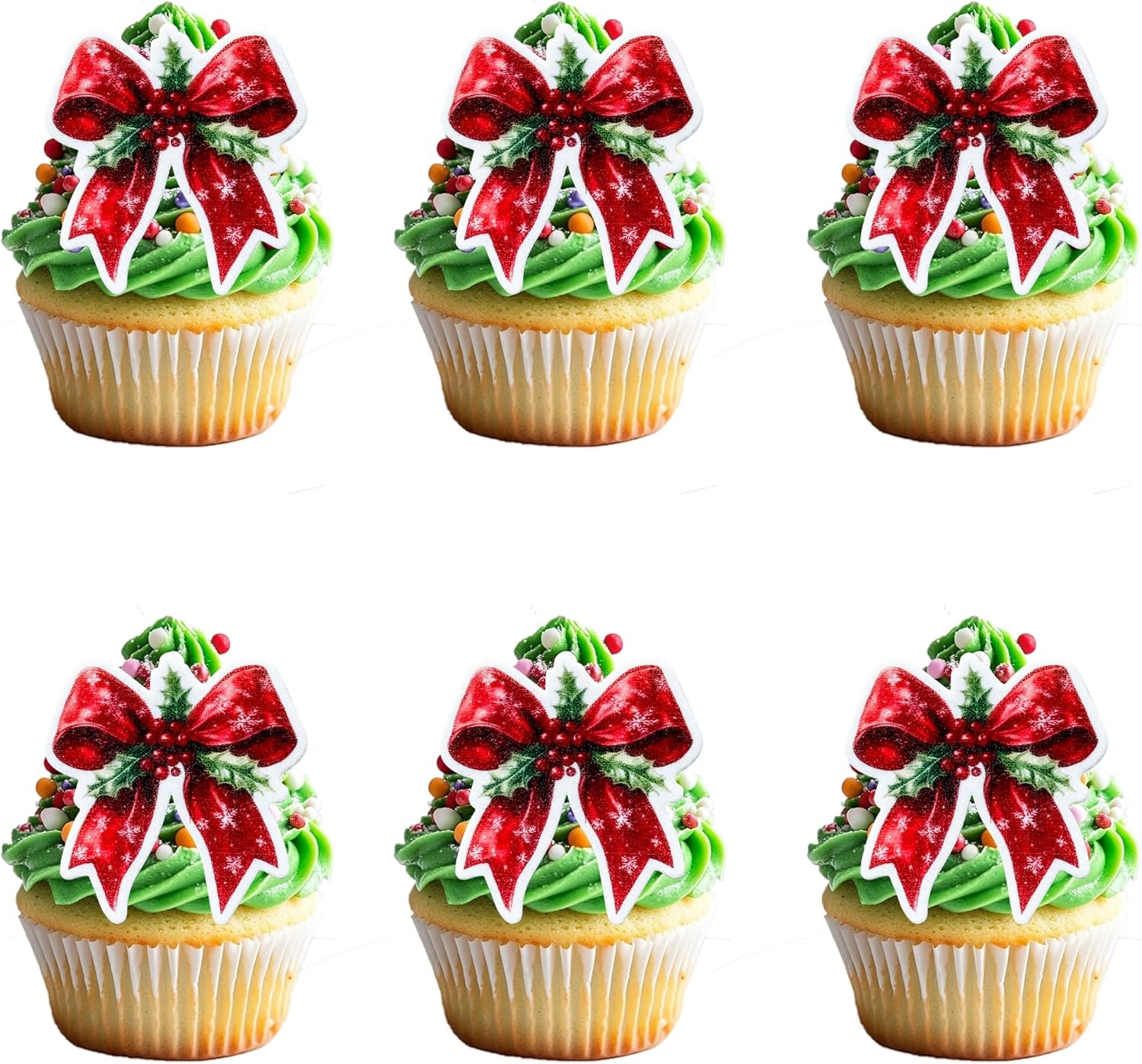 50 PCS Red Edible Holly Leaves Berries and Bow Cupcake Toppers Wafer Paper Holly Leaves Cake Toppers Edible Merry Christmas Cake Decorations Berries Bow Theme Birthday Xmas Party Decorations Supplies