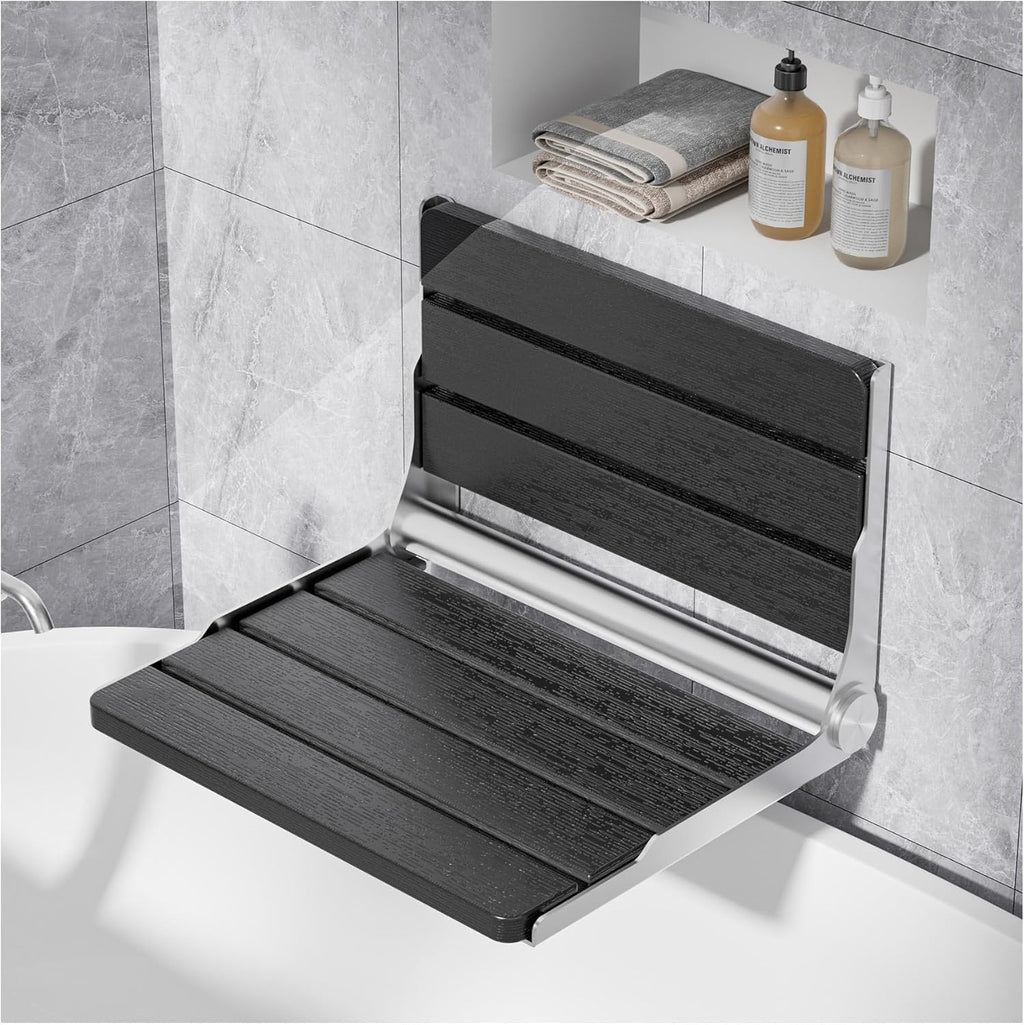 Folding Shower Seat Wall Mounted, 15" Folding Shower Bench for Elderly, Disabled, Pregnant, Foldable Shower Chair for Small Bathroom, 400 lbs Capacity, Space-Saving Design - Black