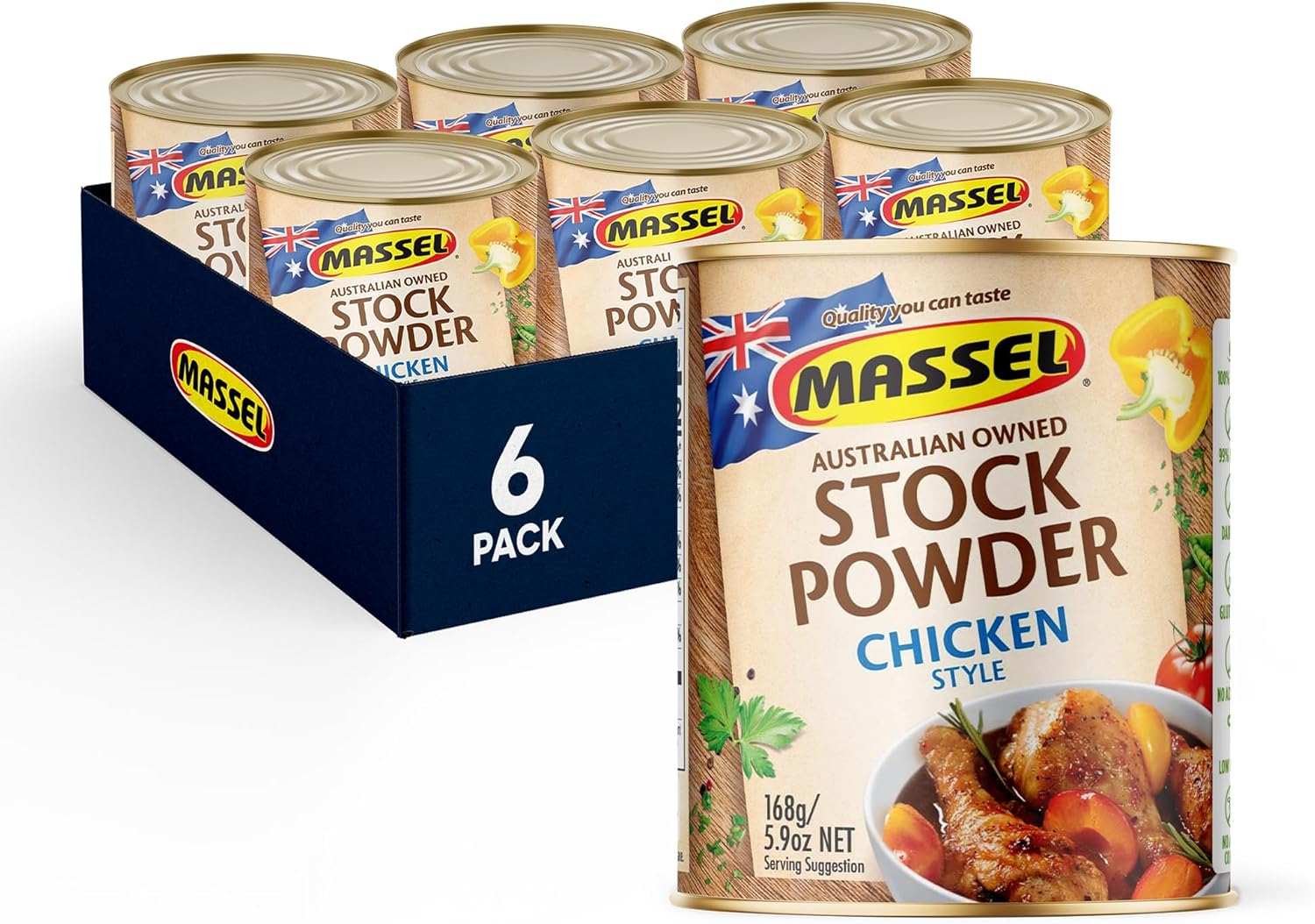 Massel Chicken Style Bouillon Powder, Gluten Free, Low Fodmap Stock, Fat Free, MSG Free, Dairy Free, Non GMO, 0g Trans Fat, Soup Base Seasoning For Ramen, Soup, Stew, No Animal Content, 6 Pack, 168g