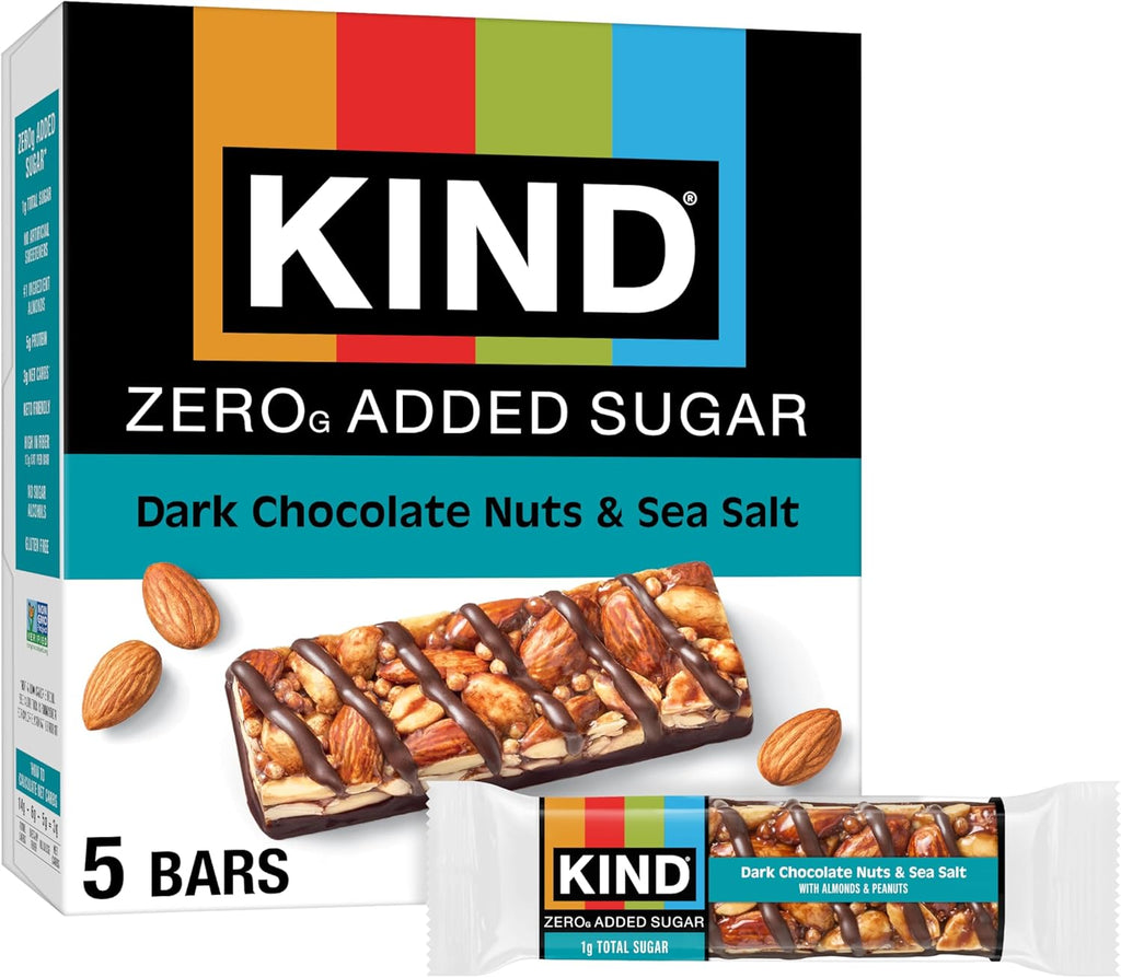 KIND ZERO Added Sugar Bars, Dark Chocolate Nuts and Sea Salt, Keto Friendly Snacks, Gluten Free, 5g Protein, 5 Count