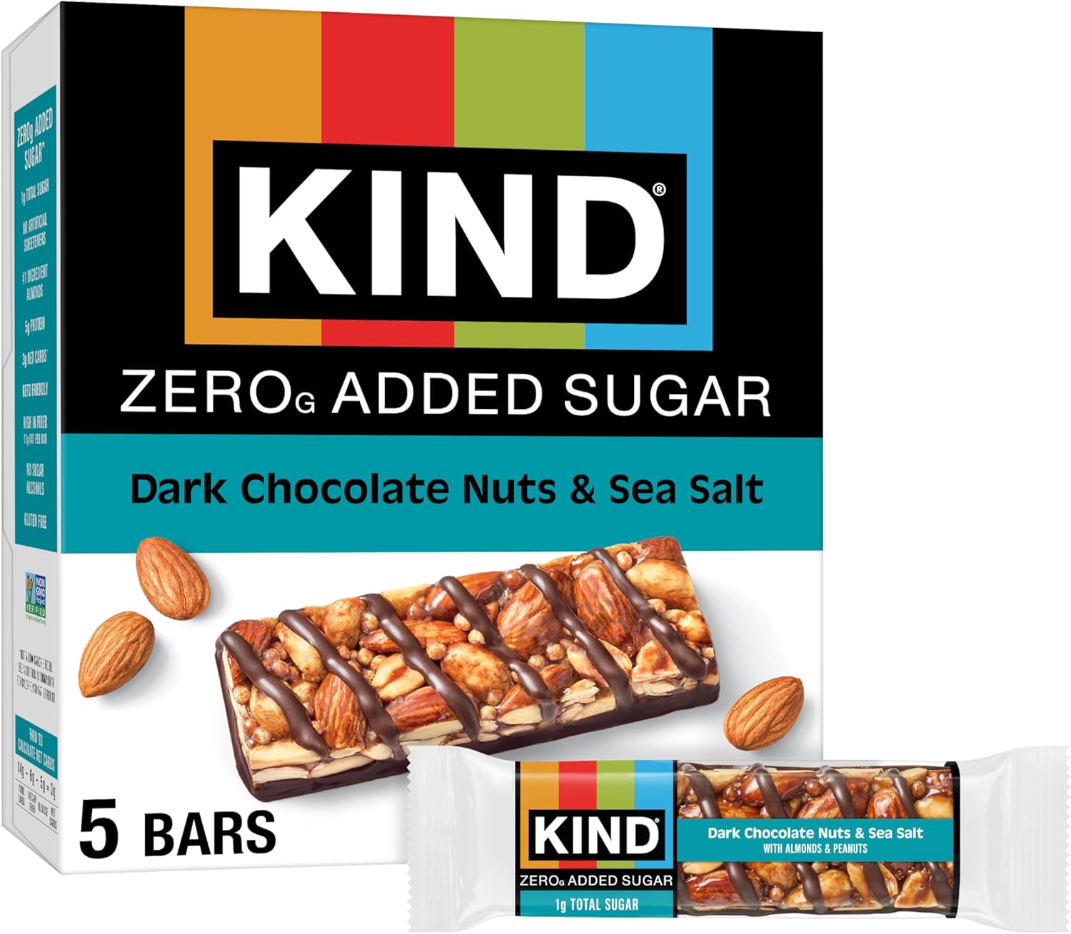 KIND ZERO Added Sugar Bars, Dark Chocolate Nuts and Sea Salt, Keto Friendly Snacks, Gluten Free, 5g Protein, 5 Count