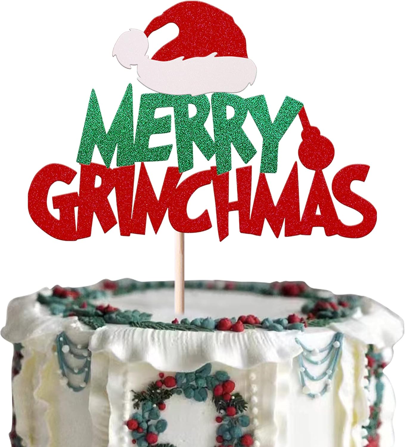 Rsstarxi 1 Pack Merry Christmas Cake Topper Red Green Glitter Santa Hat Merry Christmas Cake Pick for Christmas Theme Xmas Holiday Kids Birthday Party Cake Decorations Supplies
