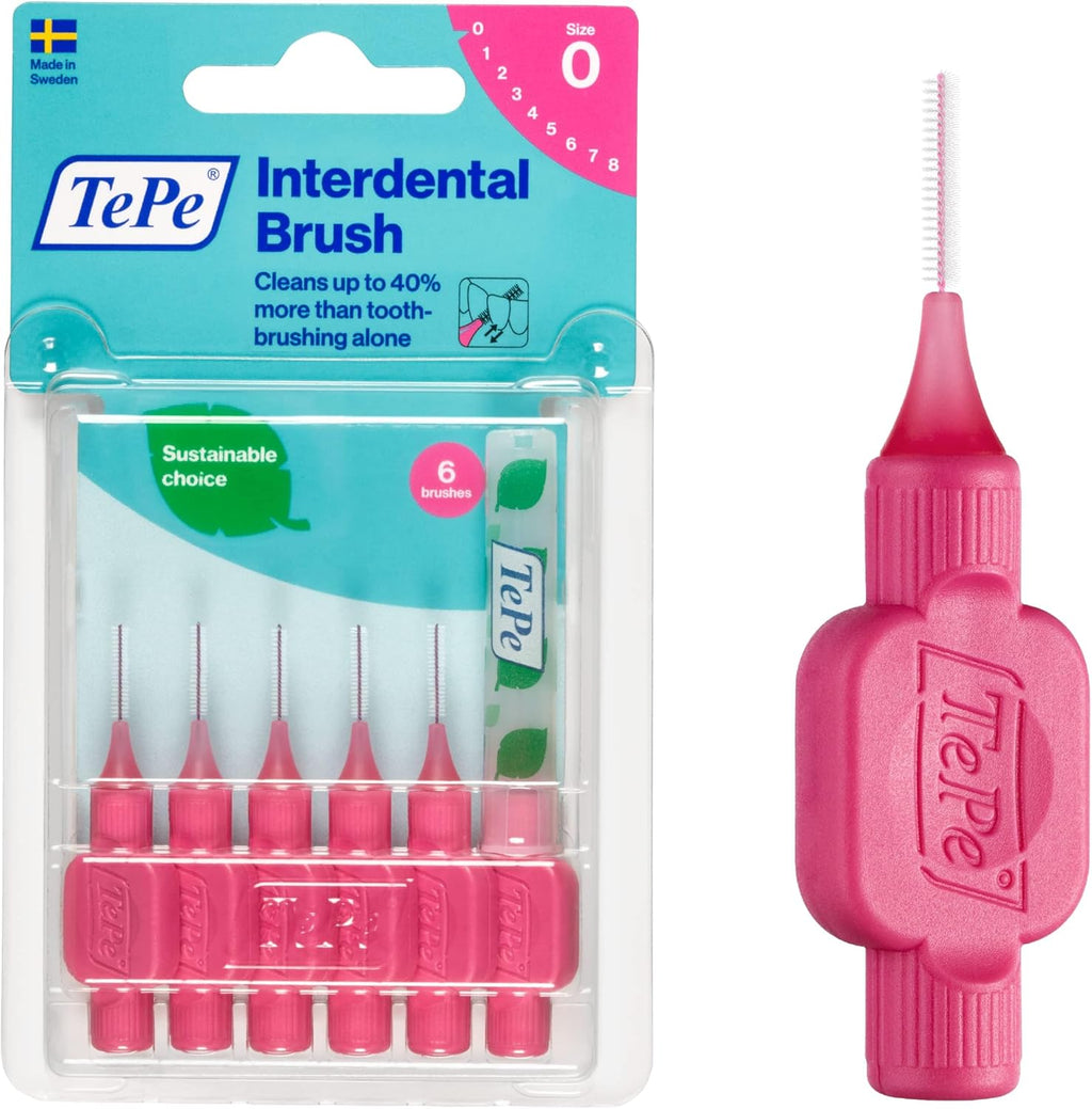 TePe Interdental Brush Original, Soft Dental Brush for Teeth Cleaning, Pack of 6, 0.40 mm, Extra-Small/Small Gaps, Pink, Size 0