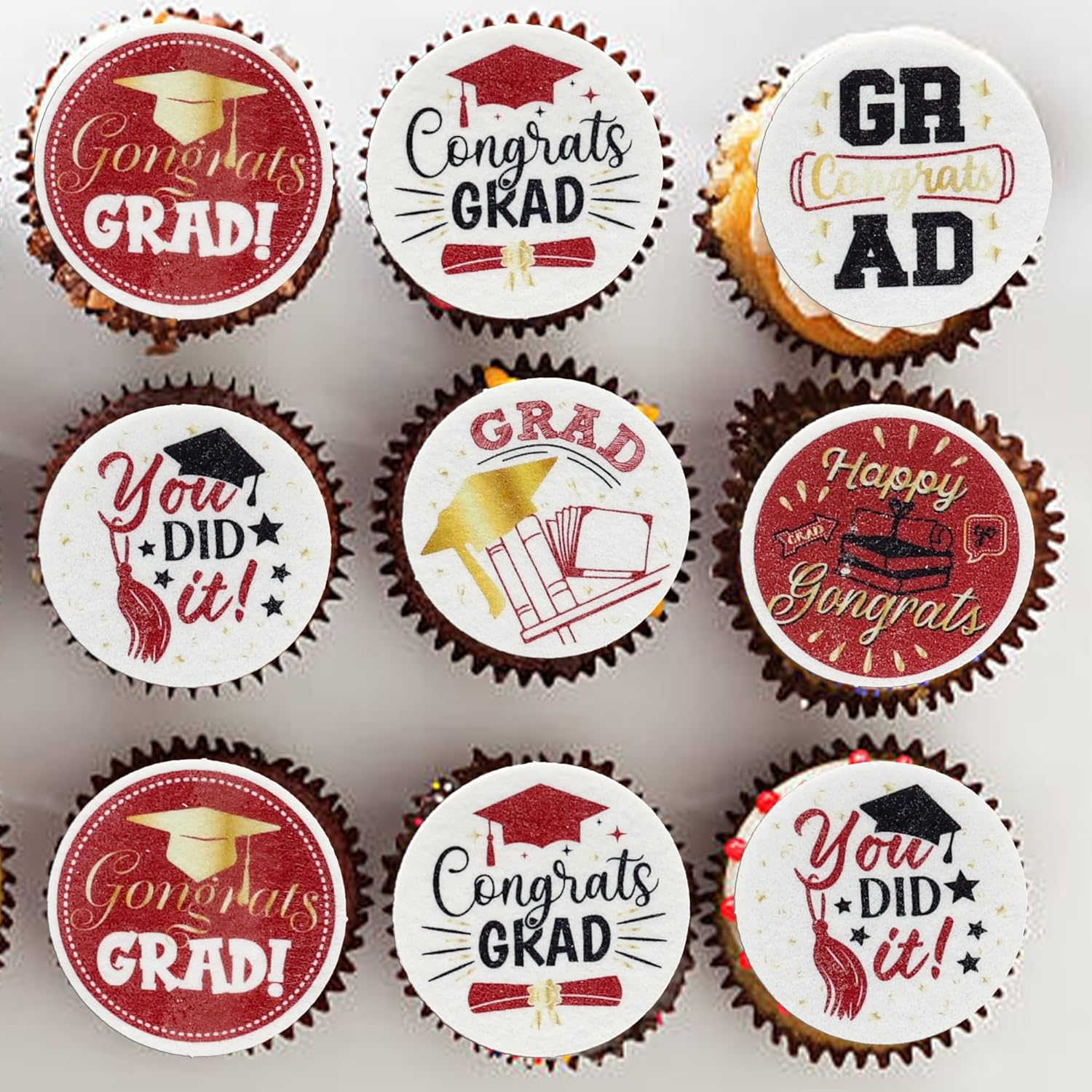 Ephlyn 54Pcs Edible 2026 Graduation Cupcake Toppers Wafer Paper Grad Cap Cupcake Picks Diploma Done Congrats Grad Cake Decorations for Class of 2026 Graduation Party Supplies Red