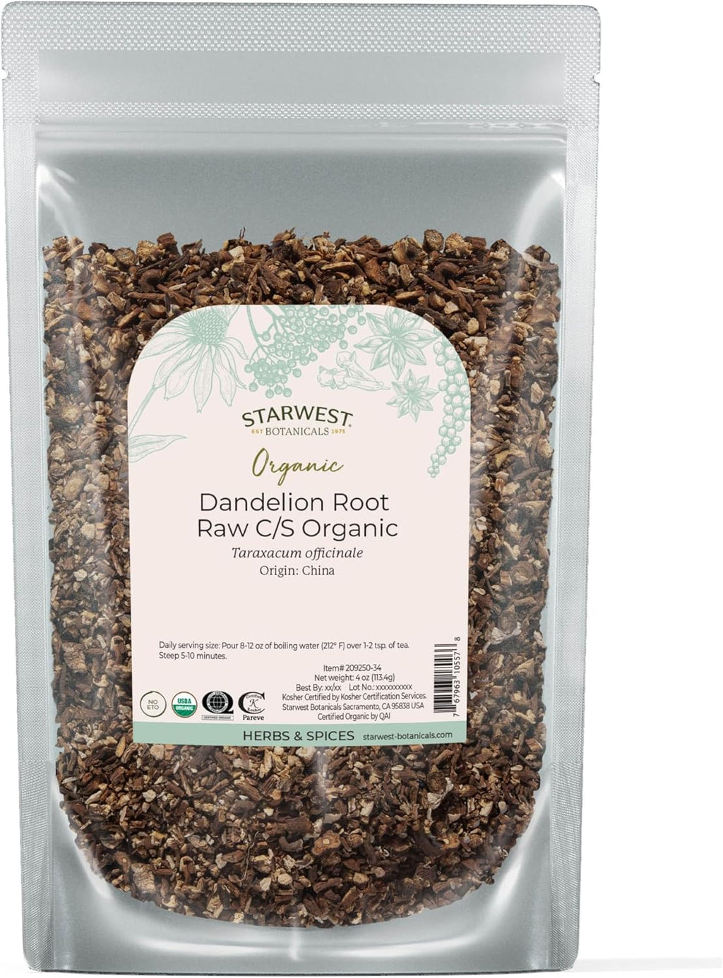 Starwest Botanicals Organic Raw Dandelion Root - Loose Leaf Herbal Tea, Cut & Sifted, Certified Kosher, Non-GMO, Caffeine-Free - 4 oz Pouch