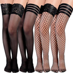 4 Pairs Fishnet Thigh High Stockings for Women Sexy Anti Slip Silicone Lace Sheer Pantyhose Over Knee Silky Fishnet Stockings