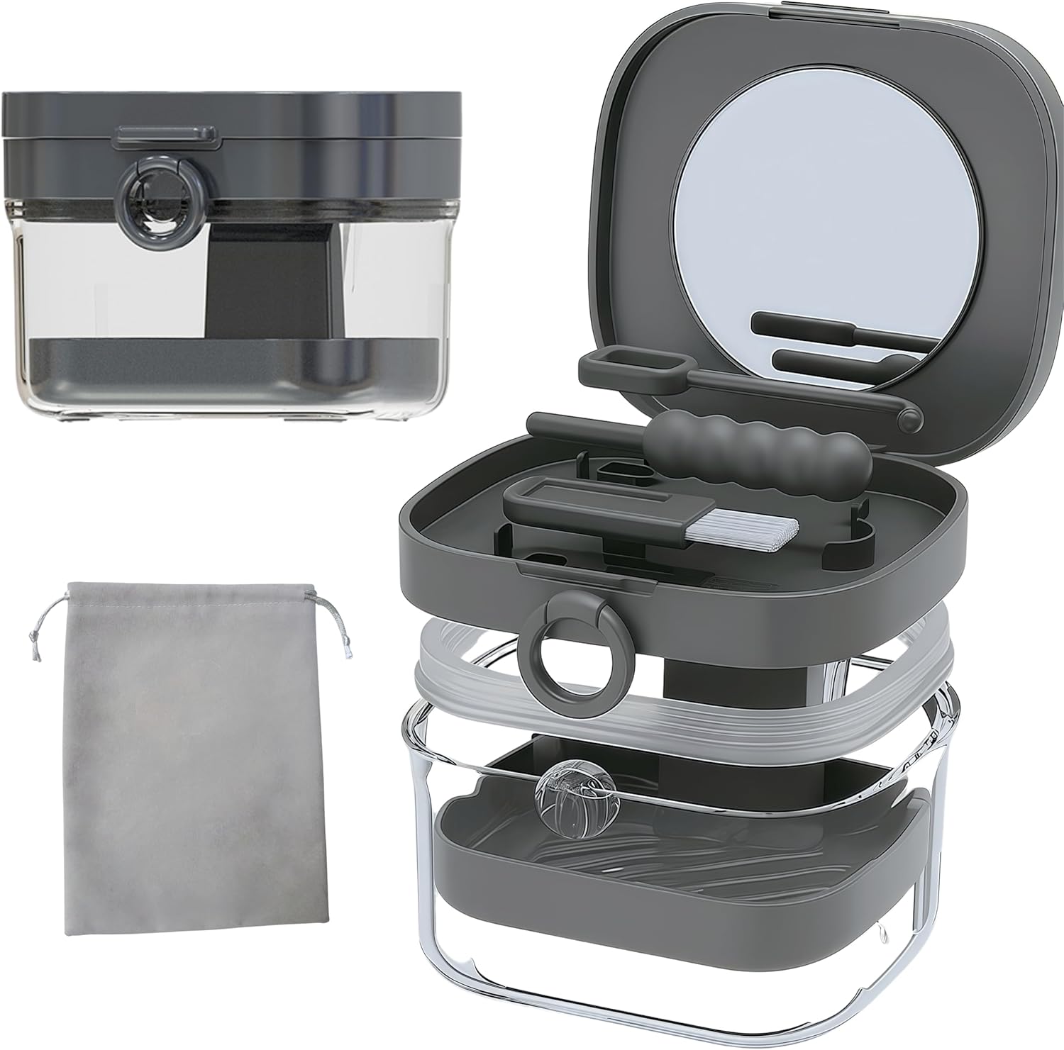 Denture Case Retainer Cleaning Case with Retainer Removal Tool and Brush, No-Leak Denture Bath Box Cup, Complete Clean Care for Clear Braces, Mouth Guard, Night Guard & Retainers (Grey)