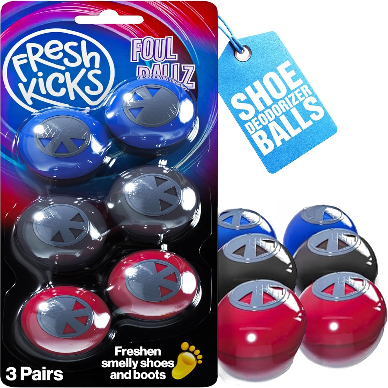 Fresh Kicks Foul Ballz Shoe Deodorizer Balls – 6 Pack – Eliminate Smelly Shoes Fast – Strong Sneaker Odor Fighter – Long-Lasting Shoe Freshener Inserts for Gym Bags, Lockers, Closets & Sports Gear