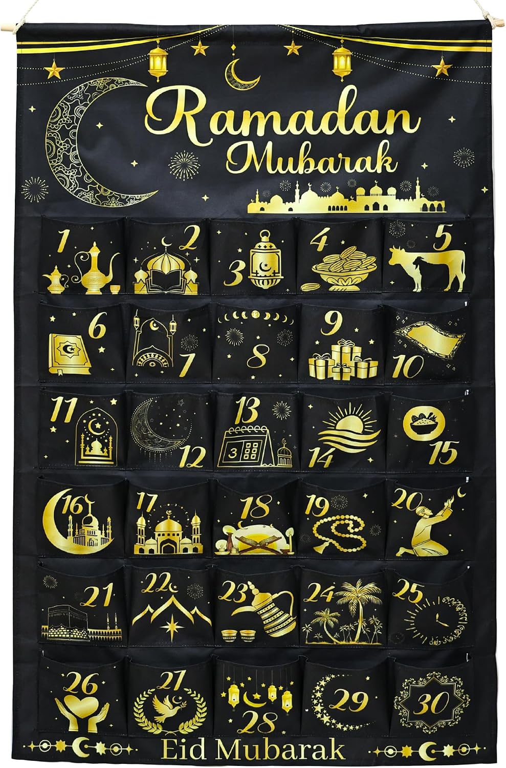 Fabric Ramadan Mubarak Advent Calendar Countdown 30 Days Mystery Eid Mubarak Countdown to Eid Calendar Advent Calendar with 30 Pockets for Ramadan Day Home Wall Decoration