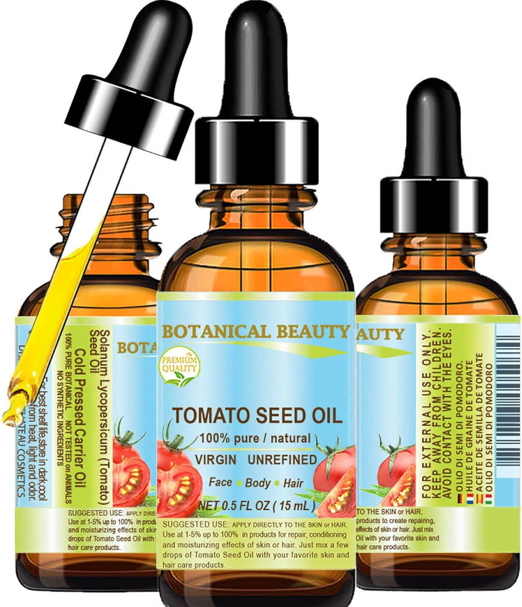Botanical Beauty TOMATO SEED OIL 100% Pure Natural Virgin Unrefined Cold-pressed Carrier Oil for Face, Skin, Body, Hair, Lip, Nails. Rich in Vitamin E, Lycopene (0.5 Fl Oz)