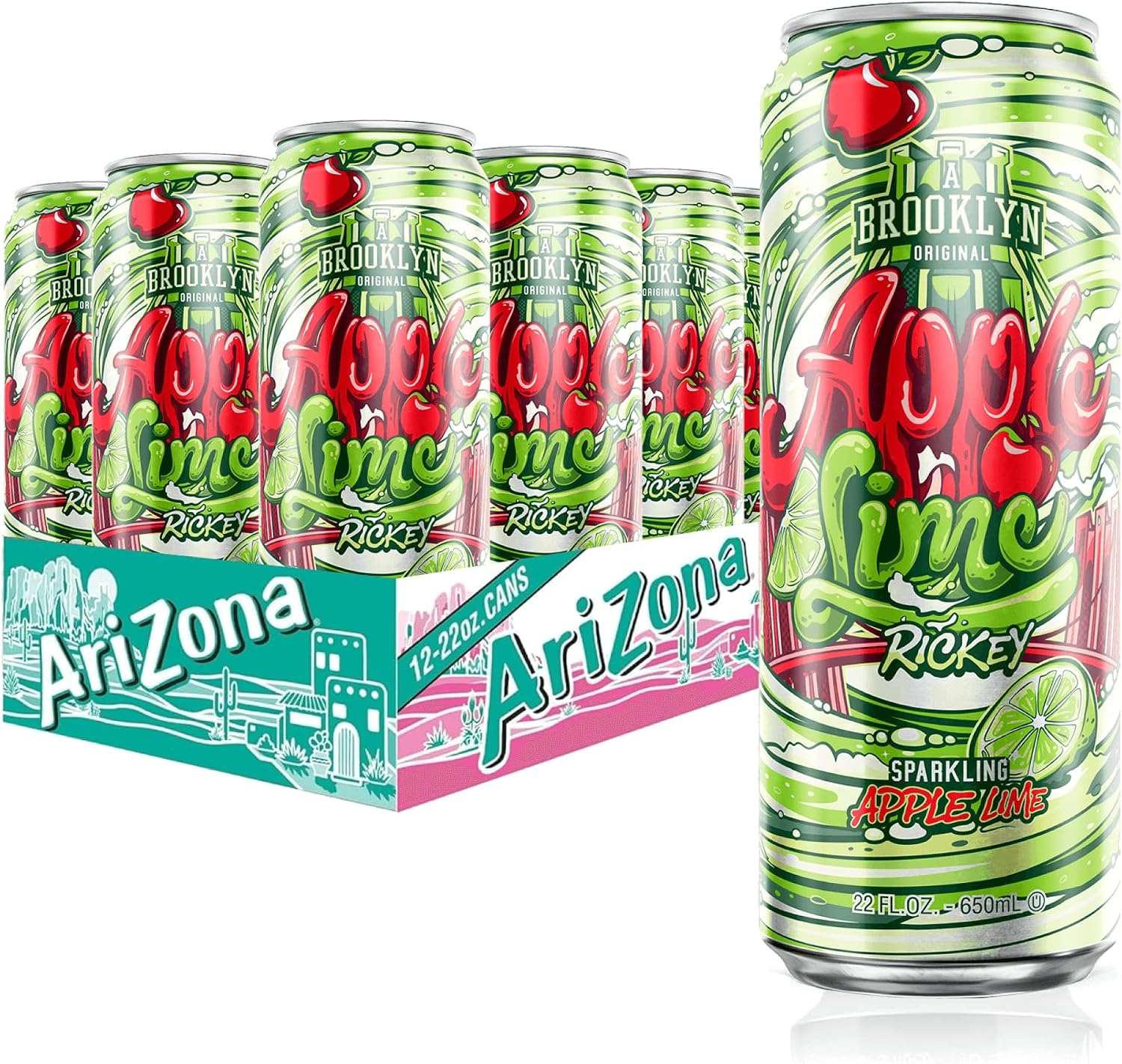 AriZona Apple Lime Rickey Soda, A Brooklyn Original Sparkling Drink - Big Can, 22 Fl Oz (Pack of 12)