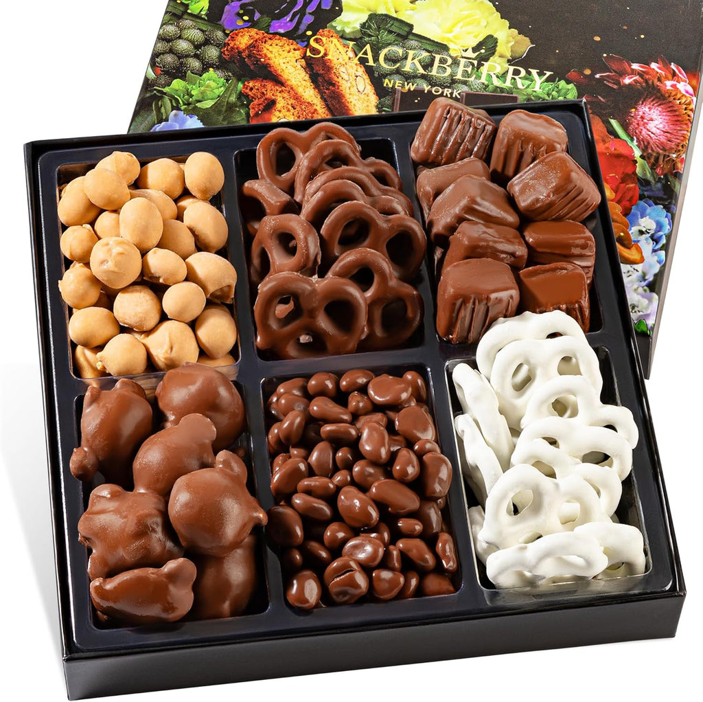 Snackberry Premium Chocolate Gift Box - Gourmet Assortment with Chocolate Pretzels, Maple Nuts, Yogurt Pretzels & Milk Chocolate Caramels – Perfect for Holidays, Birthdays & Corporate Gifts