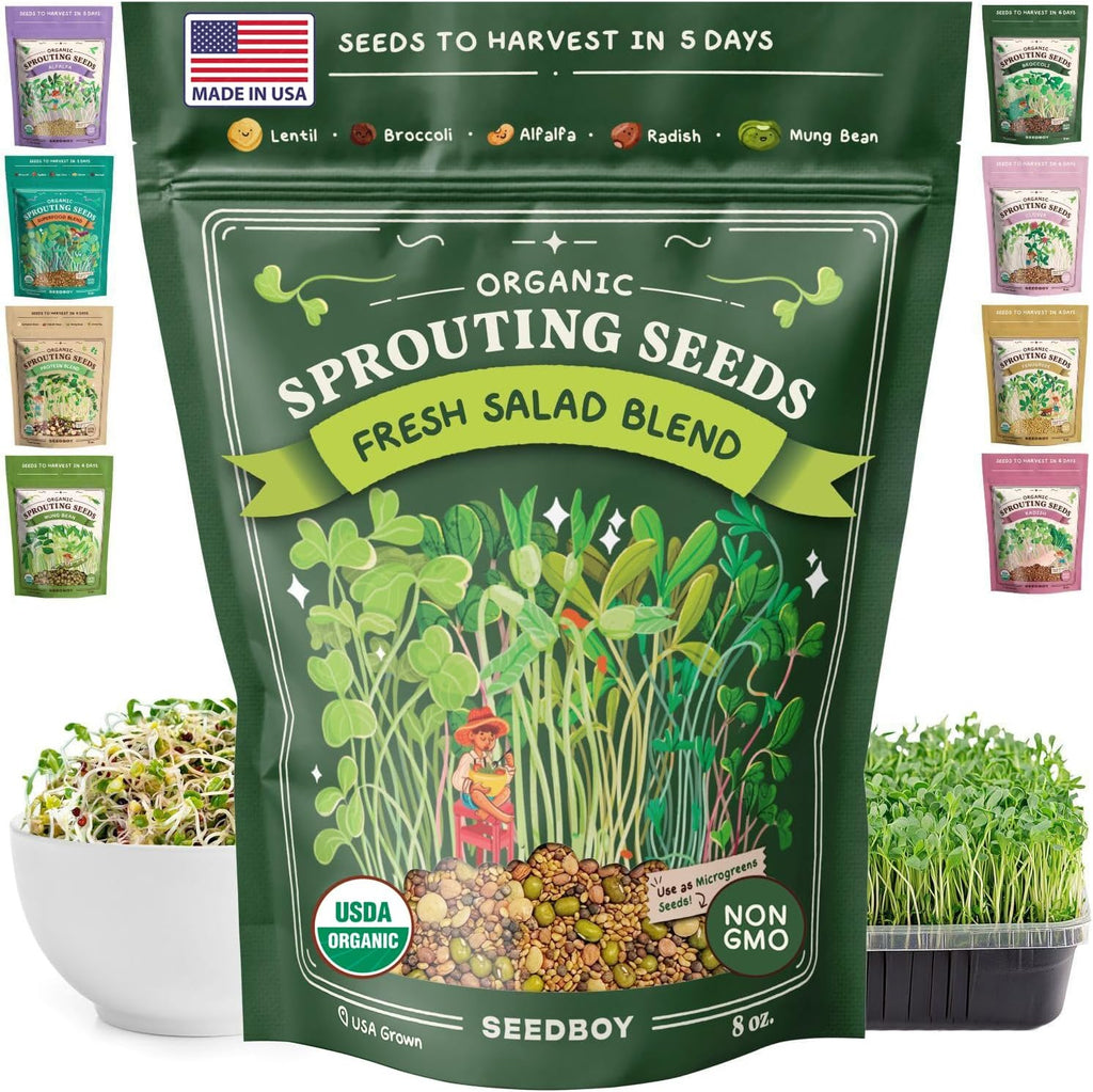 Seedboy Organic Non-GMO Sprouting Seeds, Fresh Salad Blend - USA Grown Microgreens Mix with Alfalfa, Broccoli, Radish, Mung Bean & Lentil - 8 oz Bag Makes 8 Quarts / 32 Servings (Salad Blend)