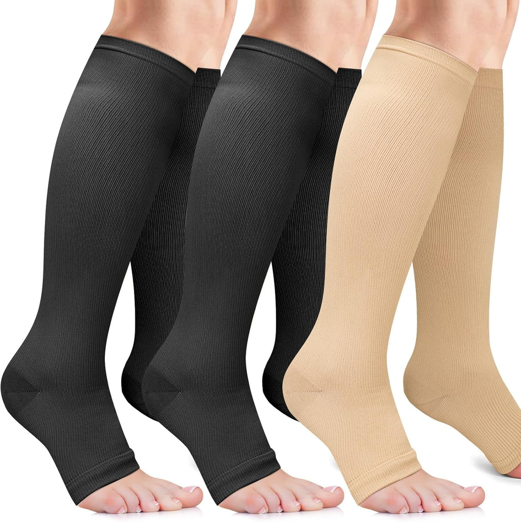 3 Pairs Open Toe Compression Socks for Men & Women - 15-20 mmhg Knee High Stockings for Circulation Support