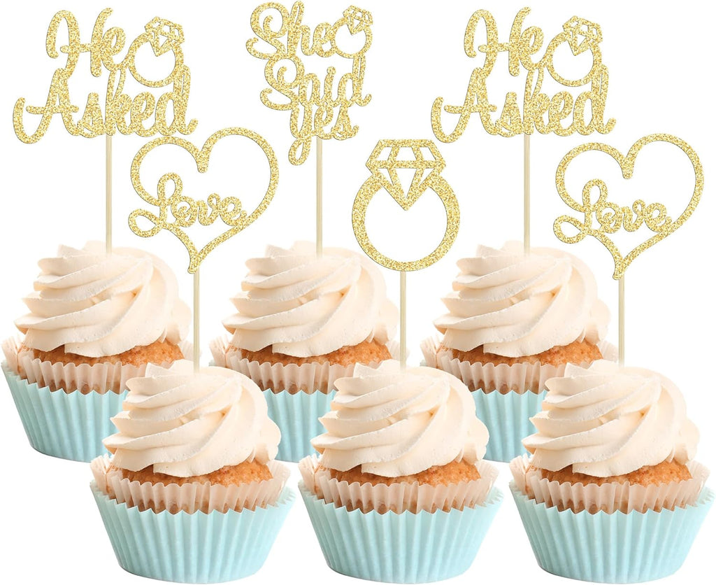 Gyufise He Asked She Said Yes Cupcake Toppers Gold Glitter Diamond Ring Heart Love Cake Picks for Wedding Engagement Party Cake Decorations 24 Pack