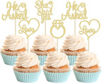 Gyufise He Asked She Said Yes Cupcake Toppers Gold Glitter Diamond Ring Heart Love Cake Picks for Wedding Engagement Party Cake Decorations 24 Pack