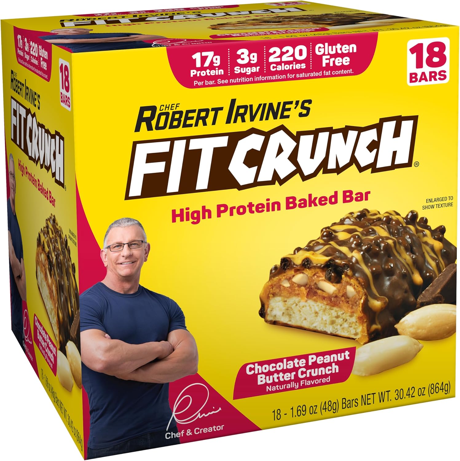 FITCRUNCH Snack Size Protein Bars, 6-Layer Baked Bar, 3g of Sugar, Gluten Free & Soft Cake Core (18 Bars, Peanut Butter Crunch)
