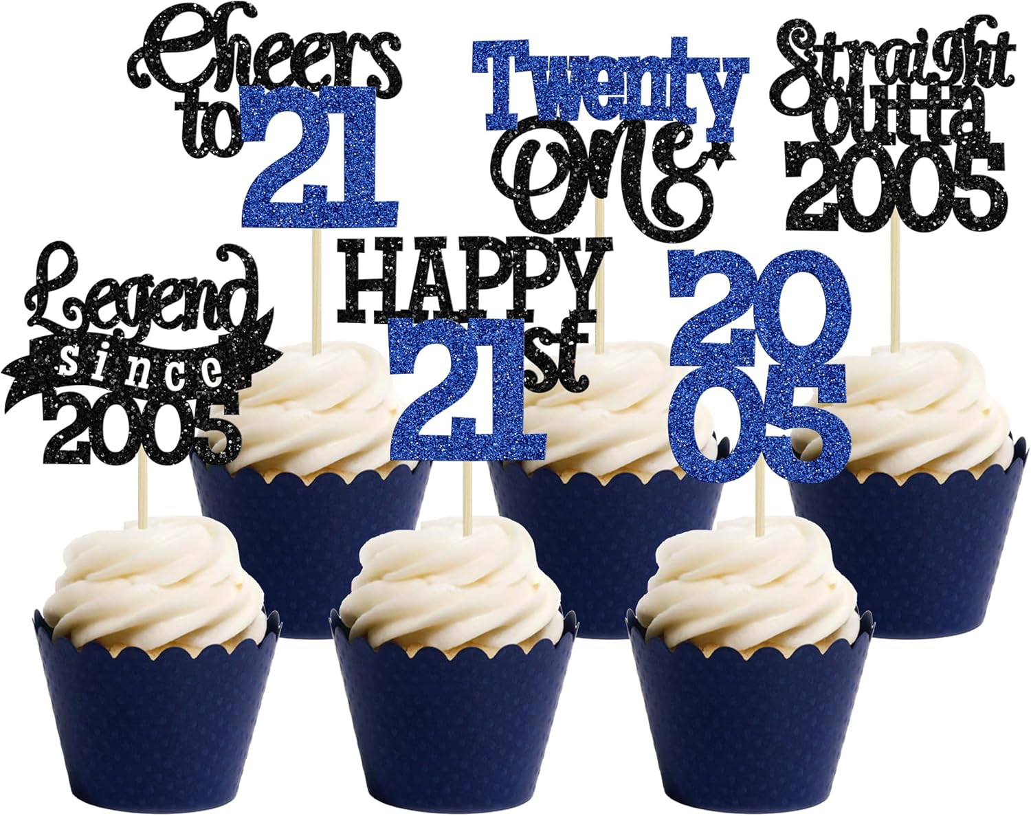 Gyufise 24Pcs Happy 21st Birthday Cupcake Toppers Hello Twenty One Legend Since 2005 Cupcake Picks Cheers to 21 Years Cake Decorations for 21st Birthday Anniversary Party Supplies Black Blue