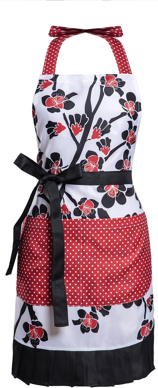 Lovely Flower Pattern Retro Aprons With Large Pockets for Women Girls Cooking Kitchen Bakery Mother's Gift