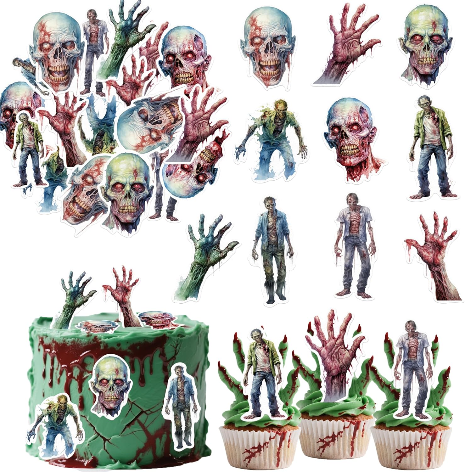 45PCS Edible Bloody Zombies Cupcake Toppers Wafer Paper Halloween Zombies Cake Decoration Horror Zombie Hand Cupcake Picks for Halloween Eve Theme Party Birthday Decor Supplies
