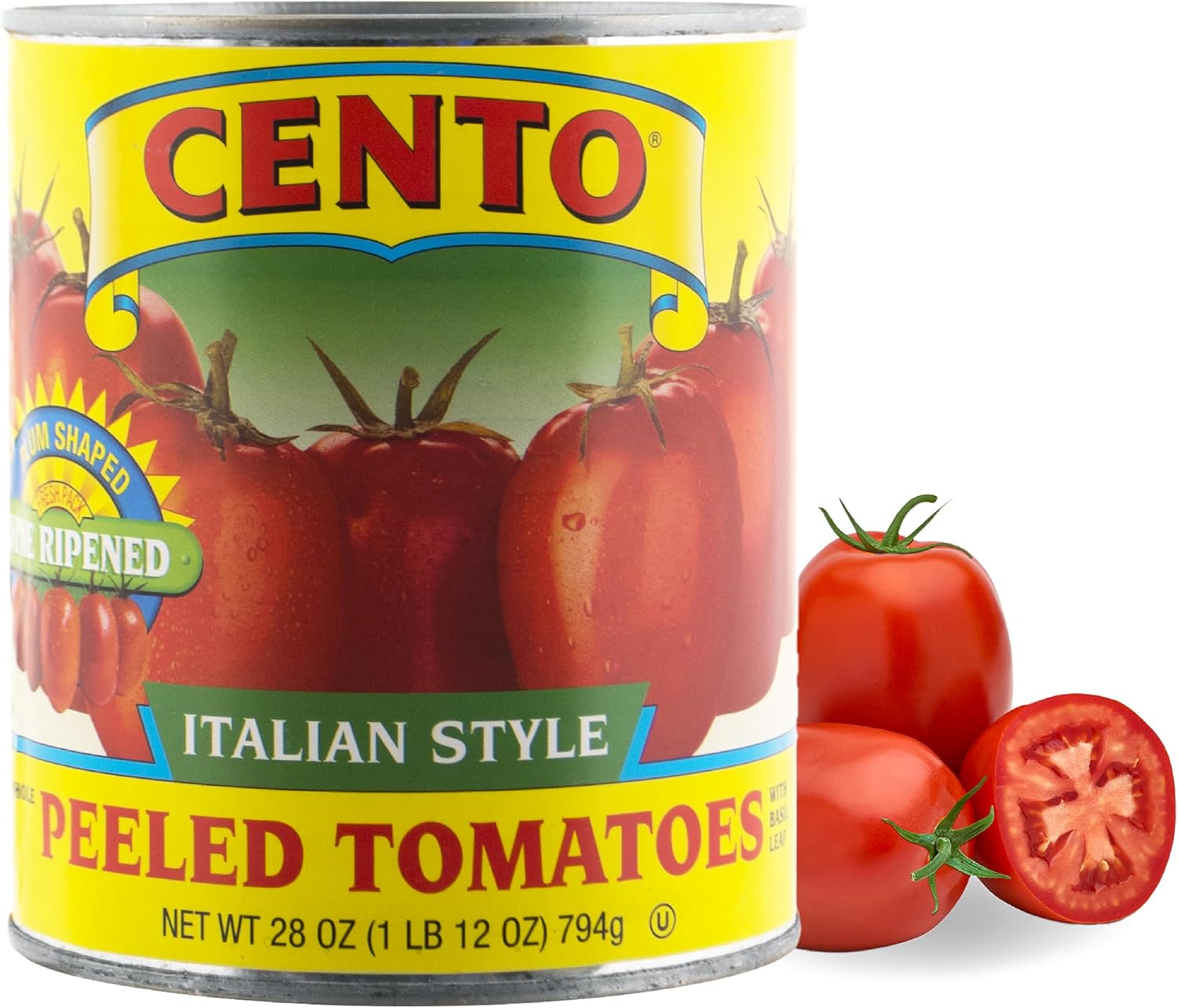 Cento Italian Style Whole Peeled Plum Tomatoes 28 Oz, Vine Ripened Fresh Tomatoes Canned with Natural Juices & Basil Leaf - Grown & Processed in Italy - BPA Free, Non-GMO, Gluten Free