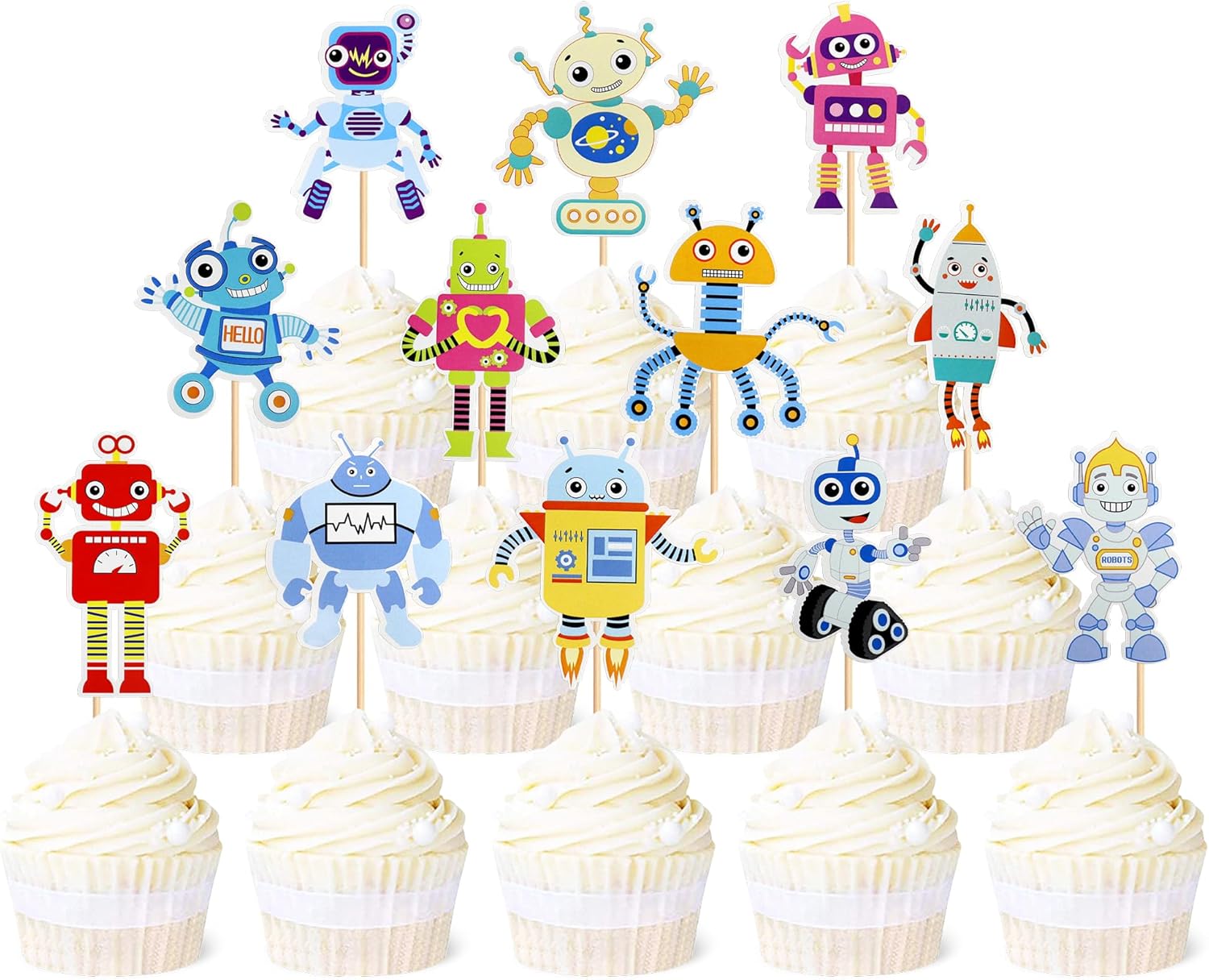 Ercadio 36 Pack Robot Cupcake Toppers Printed Cartoon Robots Cupcake Picks Robot Gear Cake Decorations for Robot Theme Boys Birthday Baby Shower Party Cake Decoration Supplies