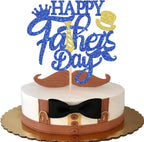 1 Pack Happy Father's Day Cake Topper Glitter Best Dad Cake Pick Super Dad Tie Hat Moustache Cake Decoration for Happy Father's day Theme Men Birthday Party Supplies Blue