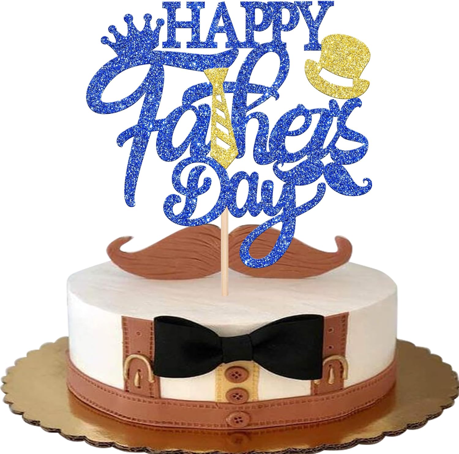 1 Pack Happy Father's Day Cake Topper Glitter Best Dad Cake Pick Super Dad Tie Hat Moustache Cake Decoration for Happy Father's day Theme Men Birthday Party Supplies Blue