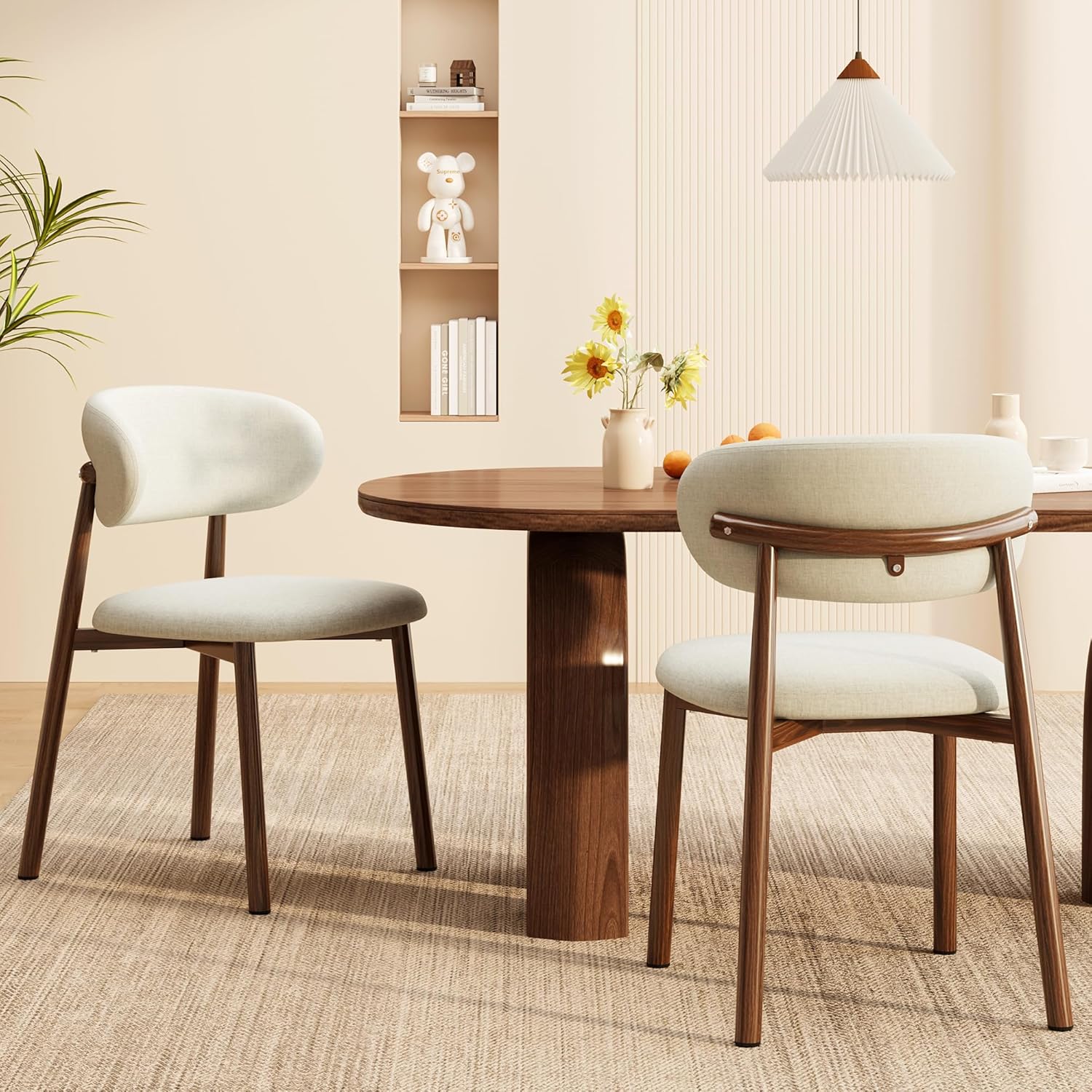 Kitchen Dining Chairs Set of 2 Modern Soft Linen Farmhouse Dining Room Chair with Metal Legs, Beige/Walnut