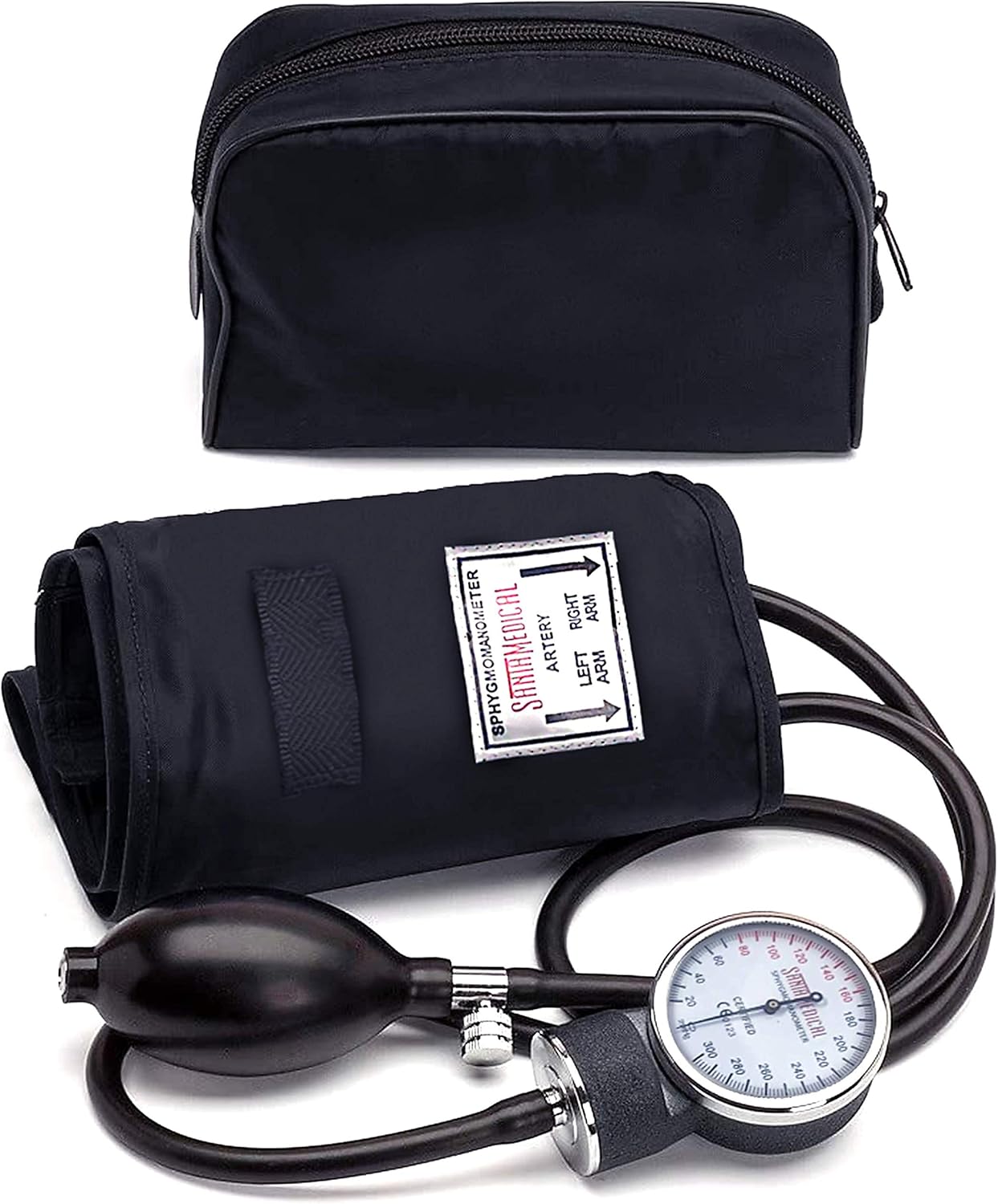 Santamedical Adult Deluxe Aneroid Sphygmomanometer - Professional Blood Pressure Monitor with Adult Black Cuff and Carrying case (Light Black) – Stethoscope Not Included