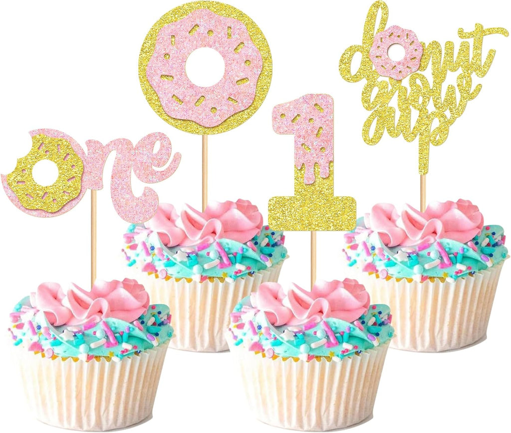 Ercadio 24 Pcs One Donut Cupcake Toppers Donut Party Decorations Picks Pink Sweet Theme Cake Decoration for 1st Kids Birthday Party Supplies Celebrating Party Baby Shower Supplies