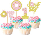 Ercadio 24 Pcs One Donut Cupcake Toppers Donut Party Decorations Picks Pink Sweet Theme Cake Decoration for 1st Kids Birthday Party Supplies Celebrating Party Baby Shower Supplies