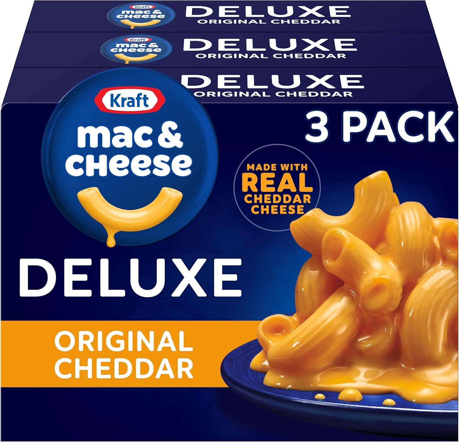 Kraft Deluxe Mac and Cheese, 3 Boxes, for Easy Dinner or Dinner Sides, Original Cheddar Flavor, No Artificial Flavors or Dyes, 14 oz