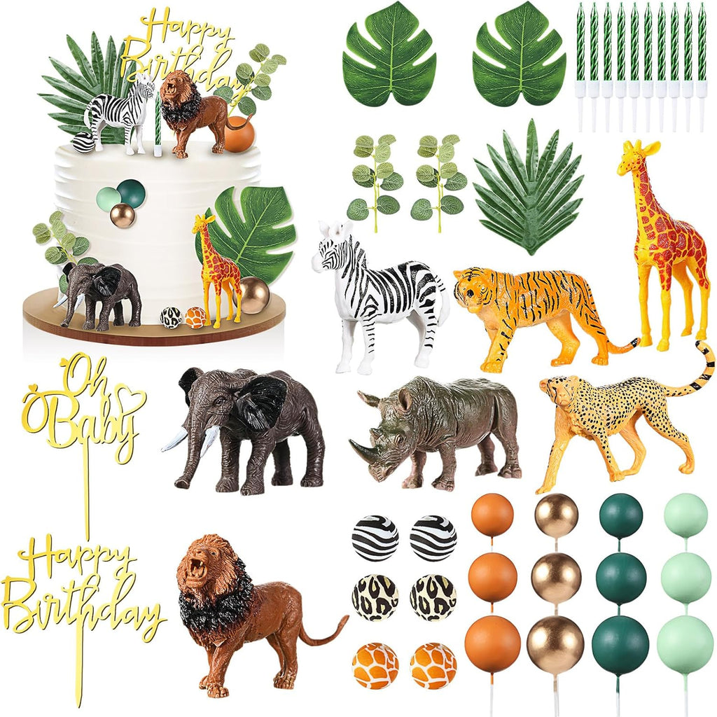 Tallew 42 Pcs Safari Jungle Animal Cake Toppers Wild One Zebra Lion Giraffe Elephant Tiger Palm Leaves Cake Decorations for Wild Zoo Birthday Party Supplies