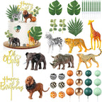 Tallew 42 Pcs Safari Jungle Animal Cake Toppers Wild One Zebra Lion Giraffe Elephant Tiger Palm Leaves Cake Decorations for Wild Zoo Birthday Party Supplies
