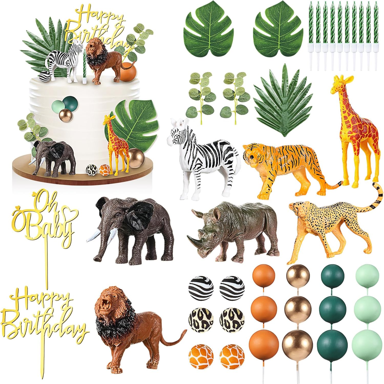 Tallew 42 Pcs Safari Jungle Animal Cake Toppers Wild One Zebra Lion Giraffe Elephant Tiger Palm Leaves Cake Decorations for Wild Zoo Birthday Party Supplies