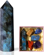 Runyangshi 3" Natural Labradorite Crystal Tower Healing Crystal Wand with 5PCS Rough Crystal Raw Stones for Reiki Chakra Meditation Therapy Decor Gift