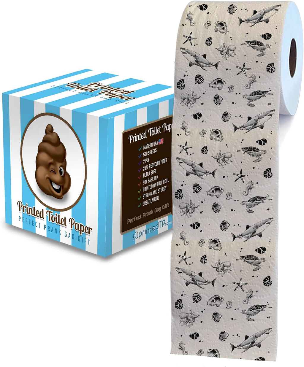 Printed TP Ocean Life 2 Ply Toilet Paper Bathroom Tissue - Novelty Beach Pattern Bath Tissue Roll - Funny Toilet Paper for Home Decor, Potty Gag Gifts, Prank and Hilarious White Elephant - 500 Sheets