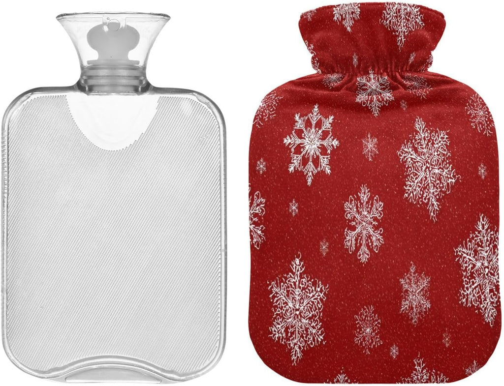 White Snowflakes Dark Red Hot Water Bottle with Soft Cover, 2L Hot Water Bag for Menstrual Cramps, Neck and Shoulder Pain Relief, Hot and Cold Therapies, Hand Feet Warmer