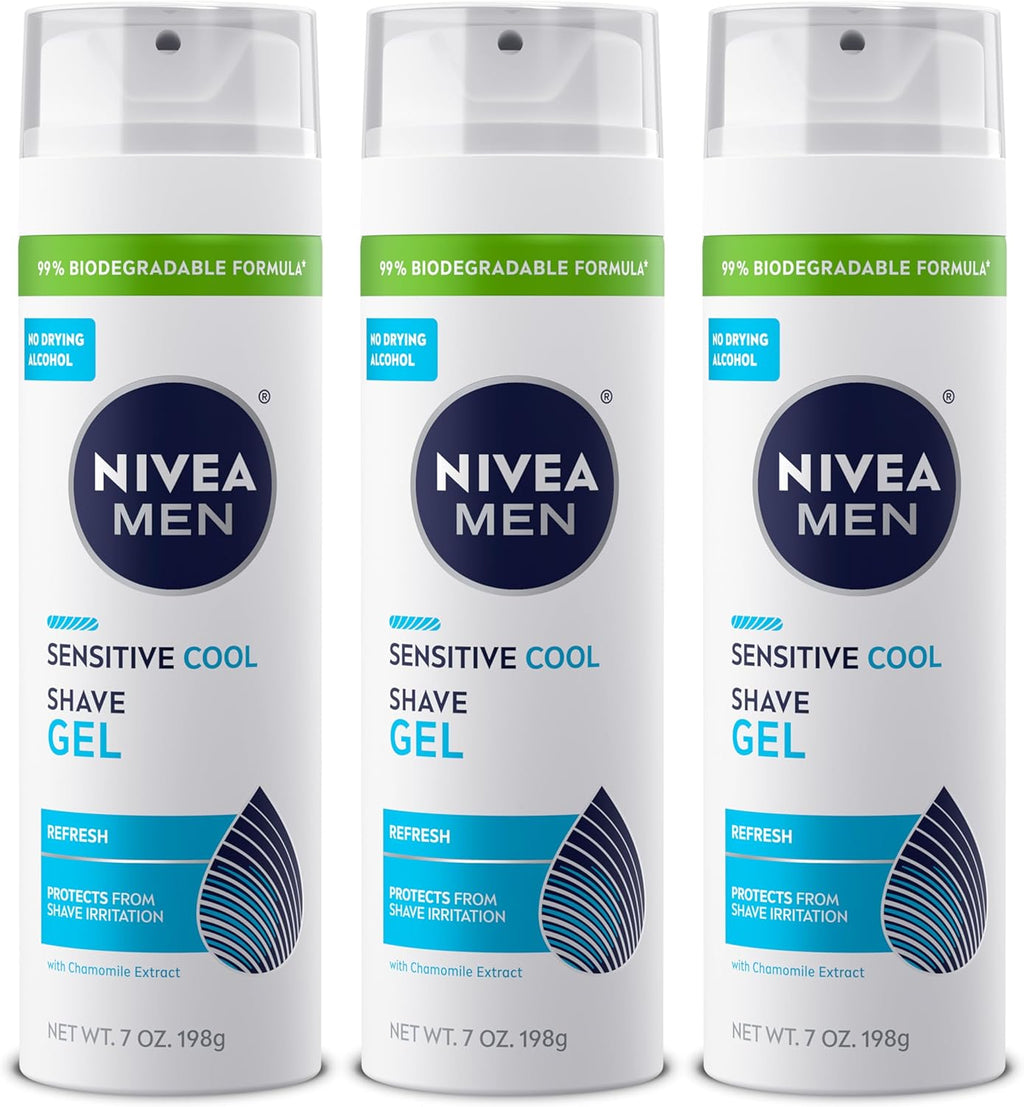 NIVEA MEN Sensitive Cool Shave Gel for Sensitive Skin, Alcohol Free Shaving Gel with Chamomile Extract, 7 Oz Can, Pack of 3