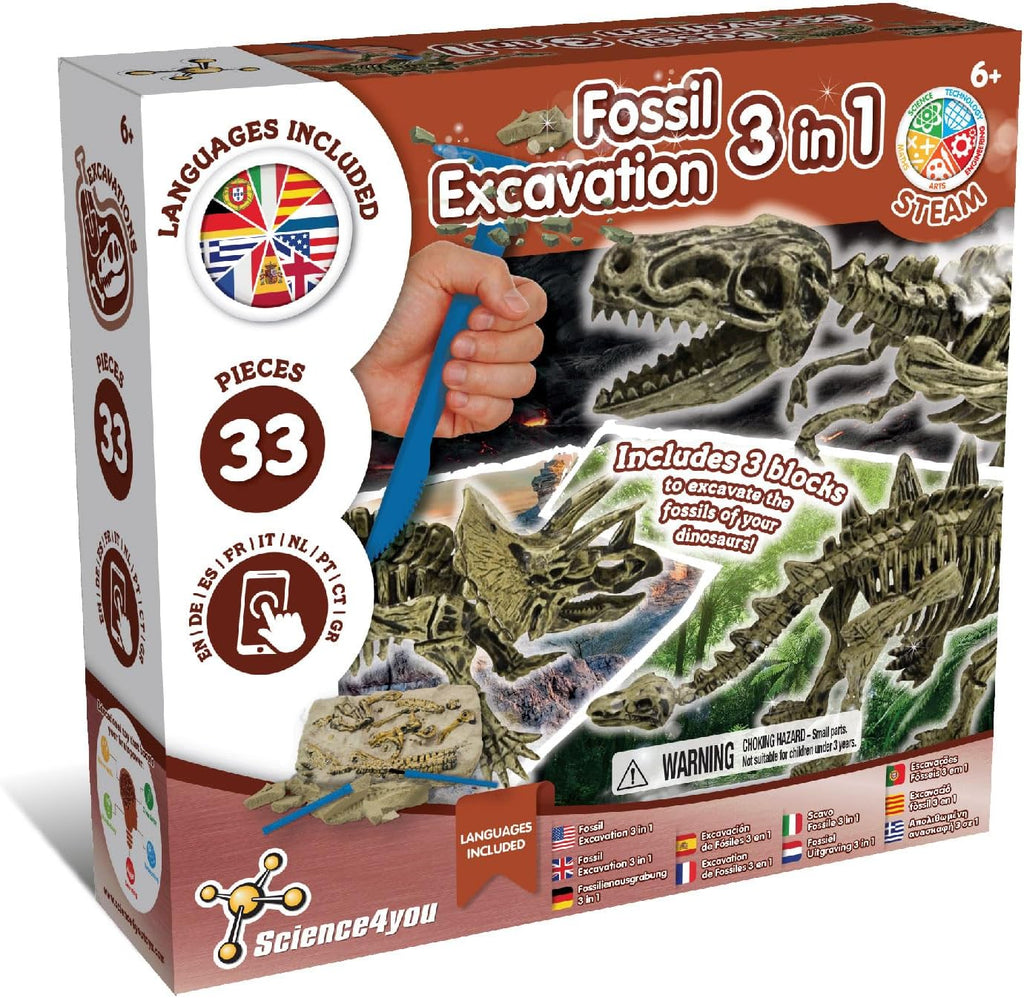 Science4you Dinosaur Fossil Excavation 3 in 1 - Fossil Digging Kit for Kids: T-Rex & Triceratops & Stegosaurus, 3 Dinosaurs Toys for Kids, 37 Pieces, Toys, Games, Gifts for 6+ Year Old Boys and Girls