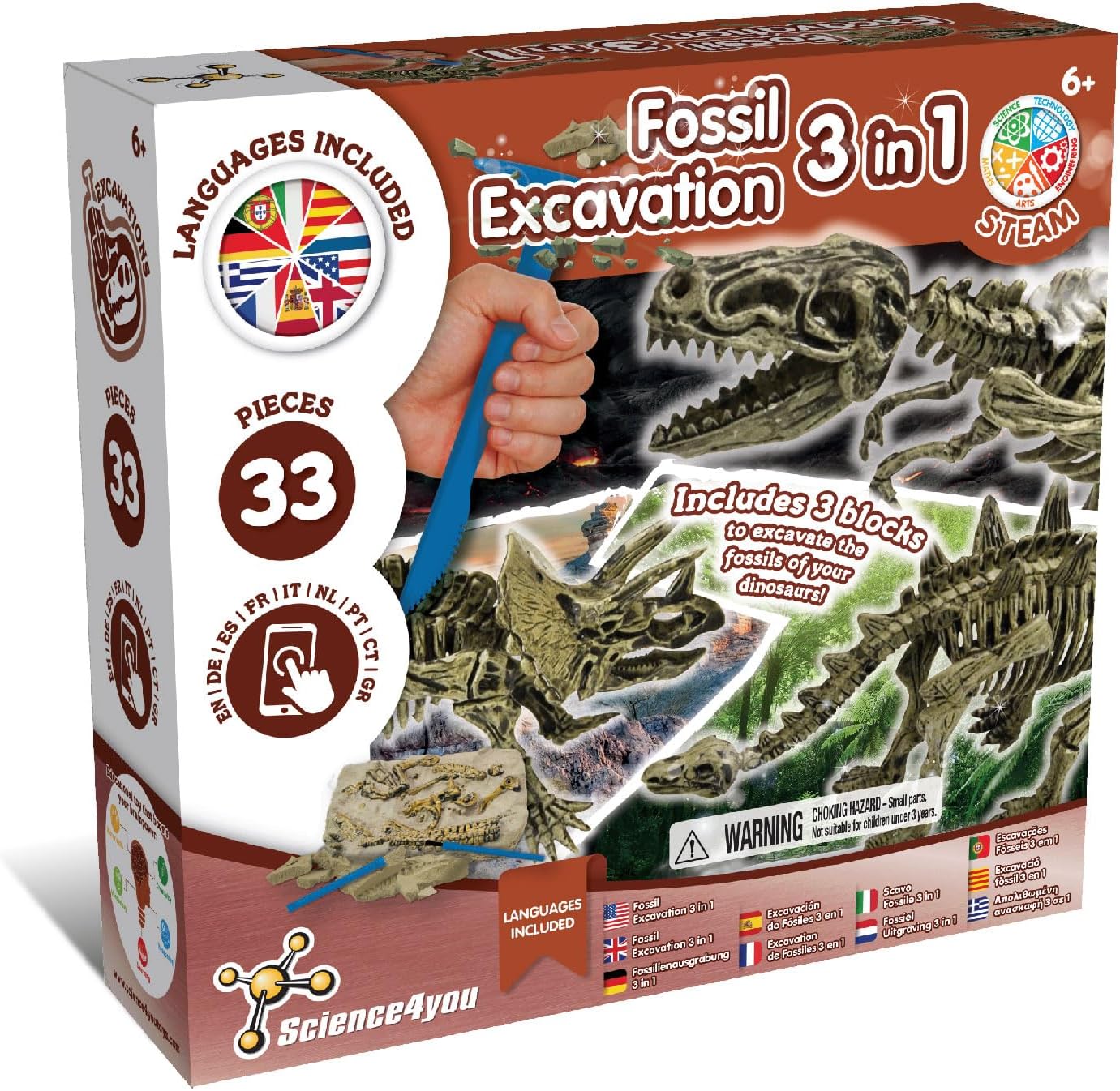 Science4you Dinosaur Fossil Excavation 3 in 1 - Fossil Digging Kit for Kids: T-Rex & Triceratops & Stegosaurus, 3 Dinosaurs Toys for Kids, 37 Pieces, Toys, Games, Gifts for 6+ Year Old Boys and Girls