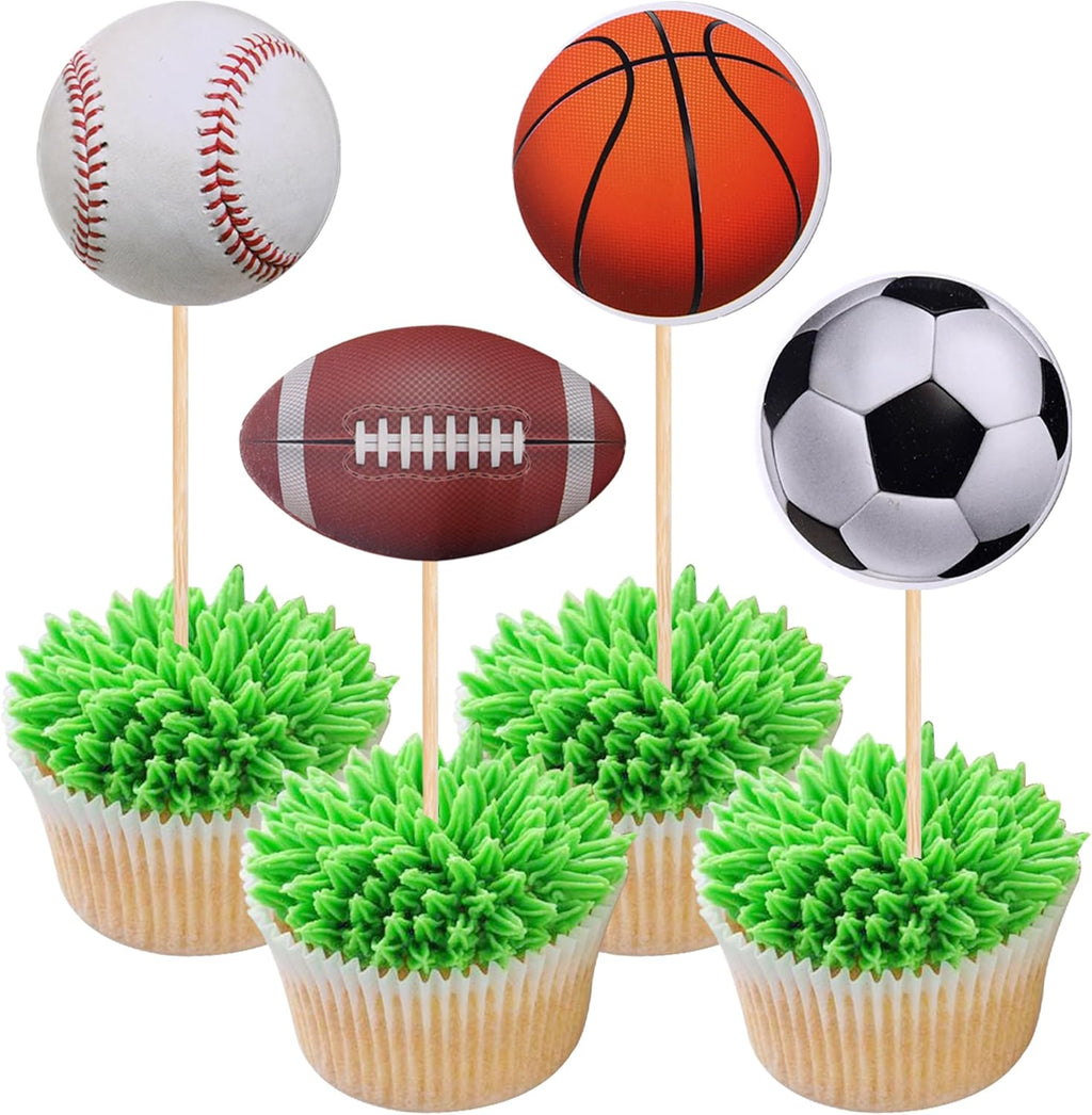 36 PCS Sports Cupcake Toppers Baseball Cupcake Picks Football Soccer Ball ToothPicks Rugby Basketball Cake Decorations for Sports Balls Theme Boys Men Birthday Party Supplies