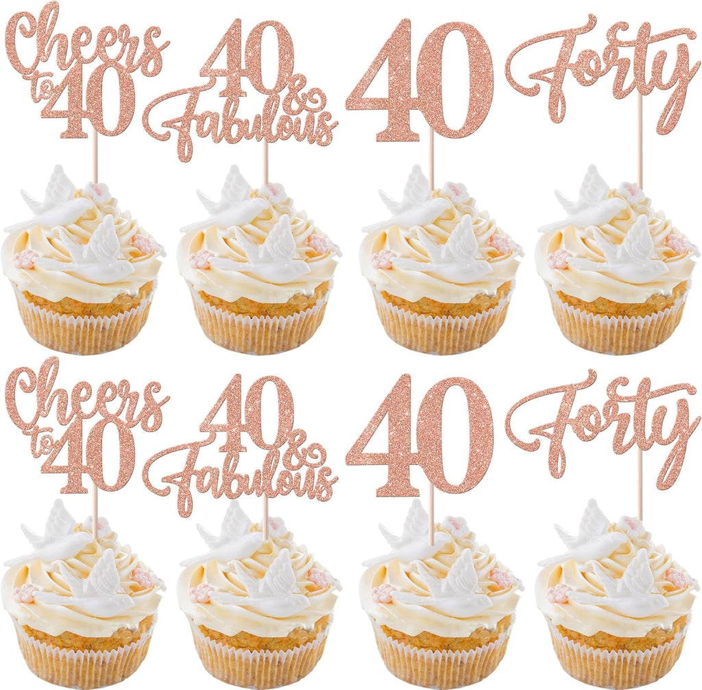 Rsstarxi 24 Pack 40th Birthday Cupcake Toppers Glitter 40 Fabulous Forty Cupcake Picks Cheers to 40 Years Old Cake Decorations for 40th Wedding Anniversary Party Decorations Rose Gold