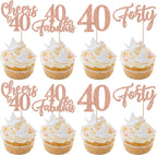 Rsstarxi 24 Pack 40th Birthday Cupcake Toppers Glitter 40 Fabulous Forty Cupcake Picks Cheers to 40 Years Old Cake Decorations for 40th Wedding Anniversary Party Decorations Rose Gold