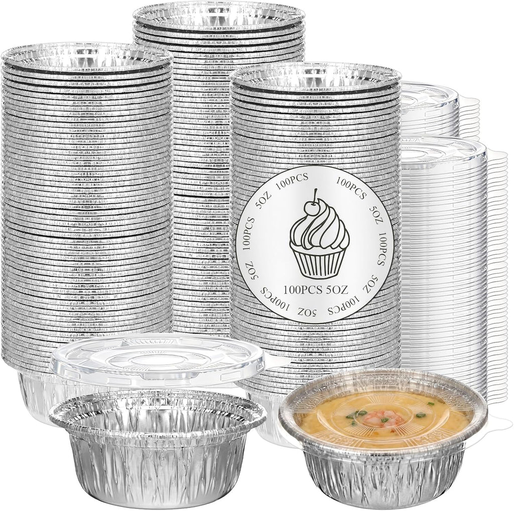 Domensi 100 Pcs 4'' Aluminum Pie Pans with Lids Bulks 5 oz Mini Disposable Pie Tins Round Foil Cup Ramekin Food Containers for Oven Cooking Takeout Storage Meal Prep Creme Brulee Cakes Sauces