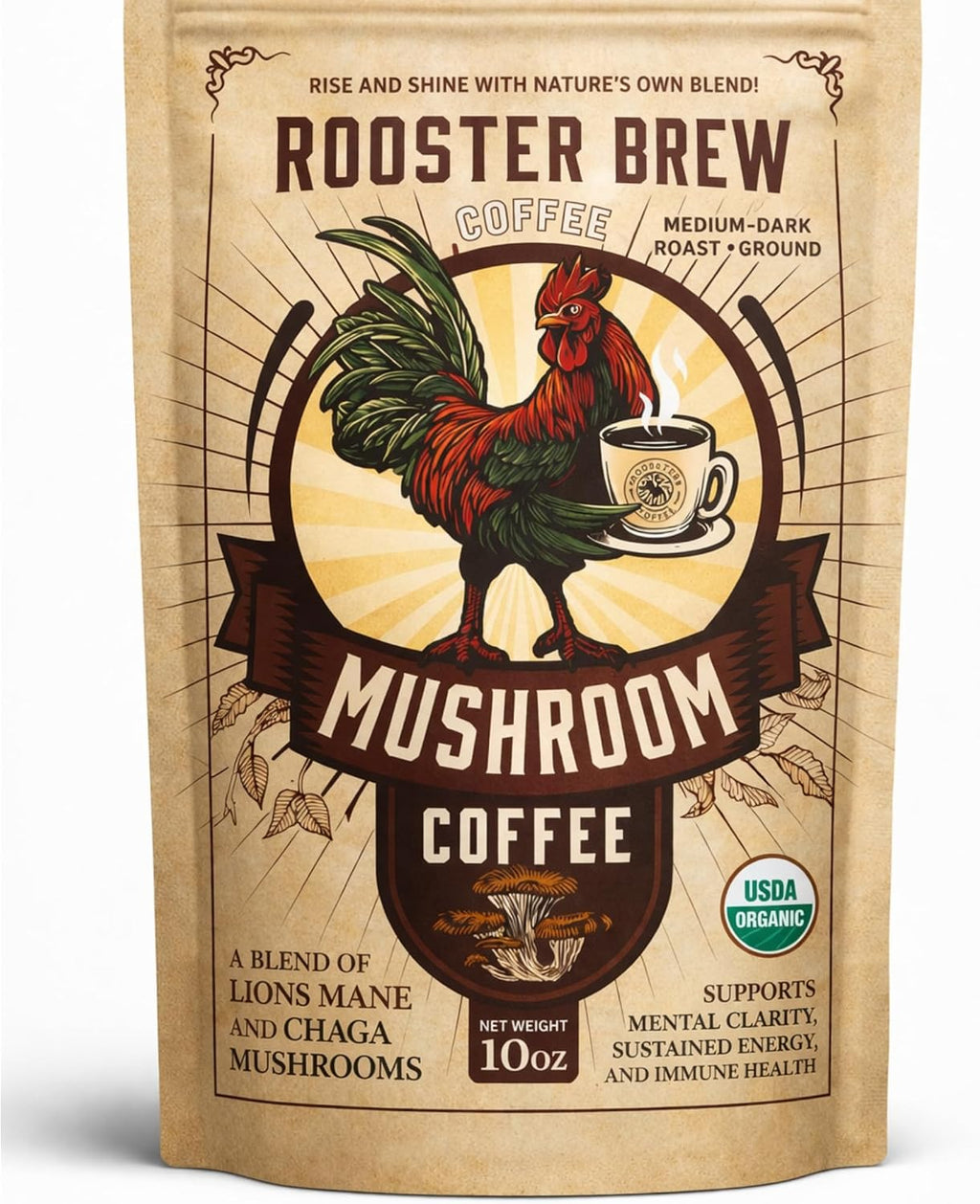 Premium Coffee + Focus & Energy with 1200mg Lion’s Mane & Chaga, Organic Mushroom Coffee (Not Instant), Organic Medium Roast Ground Arabica, Low Caffeine & Low Acid, 10oz – Rooster Brew