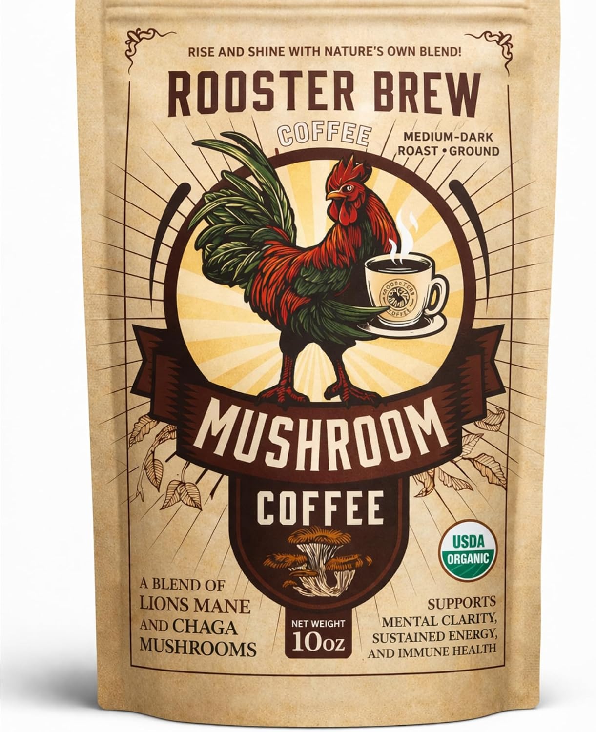 Premium Coffee + Focus & Energy with 1200mg Lion’s Mane & Chaga, Organic Mushroom Coffee (Not Instant), Organic Medium Roast Ground Arabica, Low Caffeine & Low Acid, 10oz – Rooster Brew
