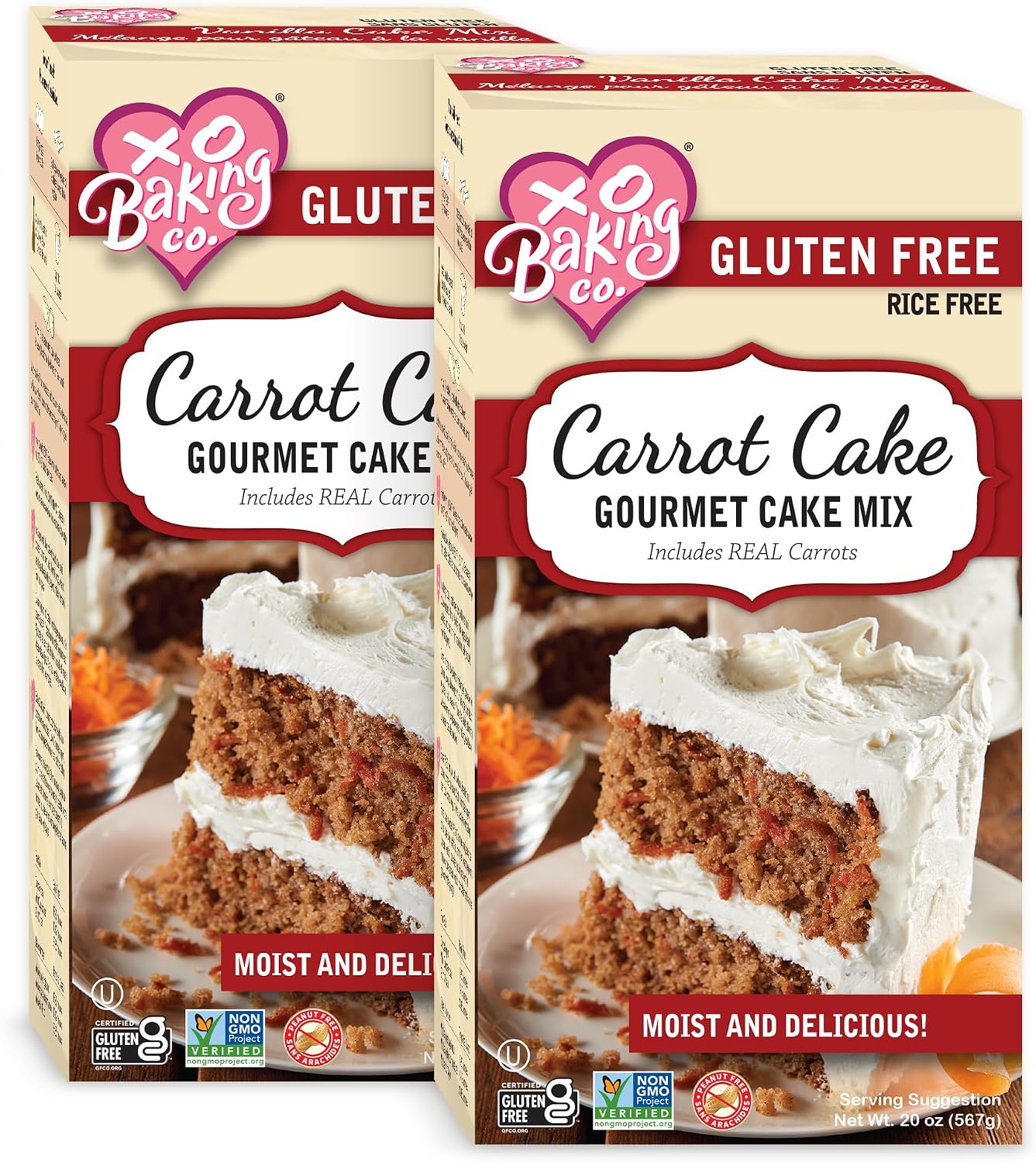 XO Baking Co. Gluten Free Carrot Cake Gourmet Cake Mix; Contains Real Carrots; Non-GMO; Kosher; Rice Free; Soy Free; Dairy Free; Peanut Free; No Preservatives; No Artificial Flavors or Colors, 2-Pack