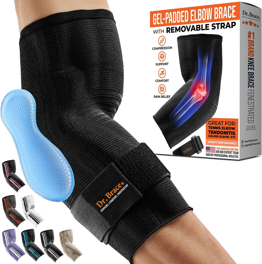 DR. BRACE® Elite Elbow Brace Support, Breathable Elbow Compression Sleeve with Gel Pad for Golfer's, Tennis Elbow & Tendonitis Treatment & Pain Relief 2024 (Black, Medium)